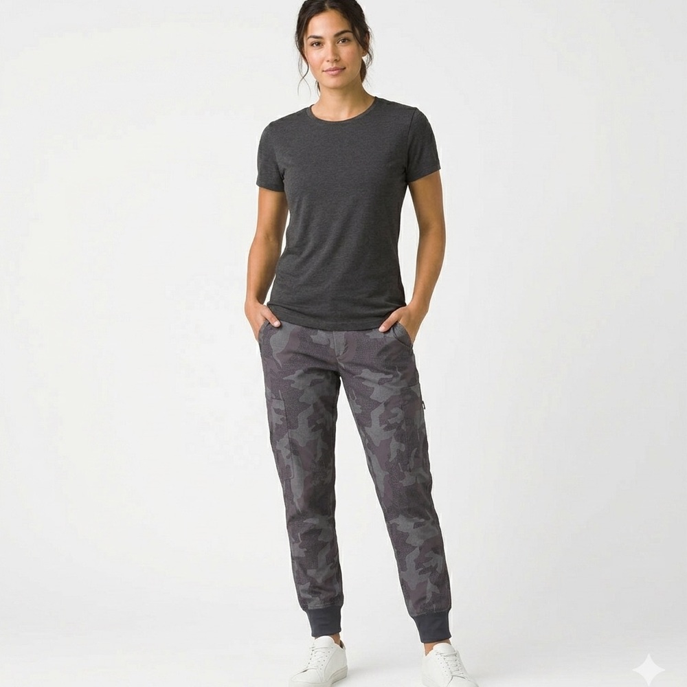 Prana Sky Canyon Jogger Pants Womens Size 12 Gray Camo Drawstring Outdoor Hiking